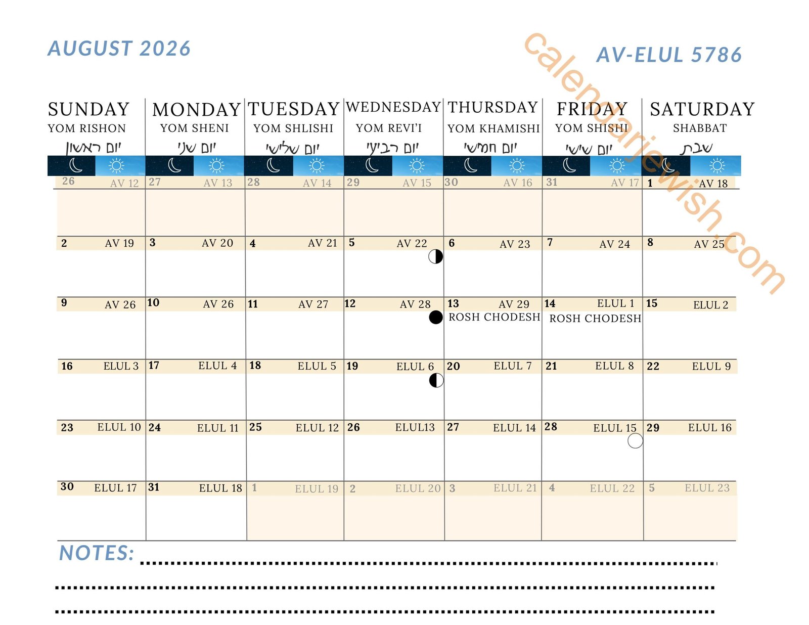 Jewish Calendar 2026 August Jewish Calendar 2026 August